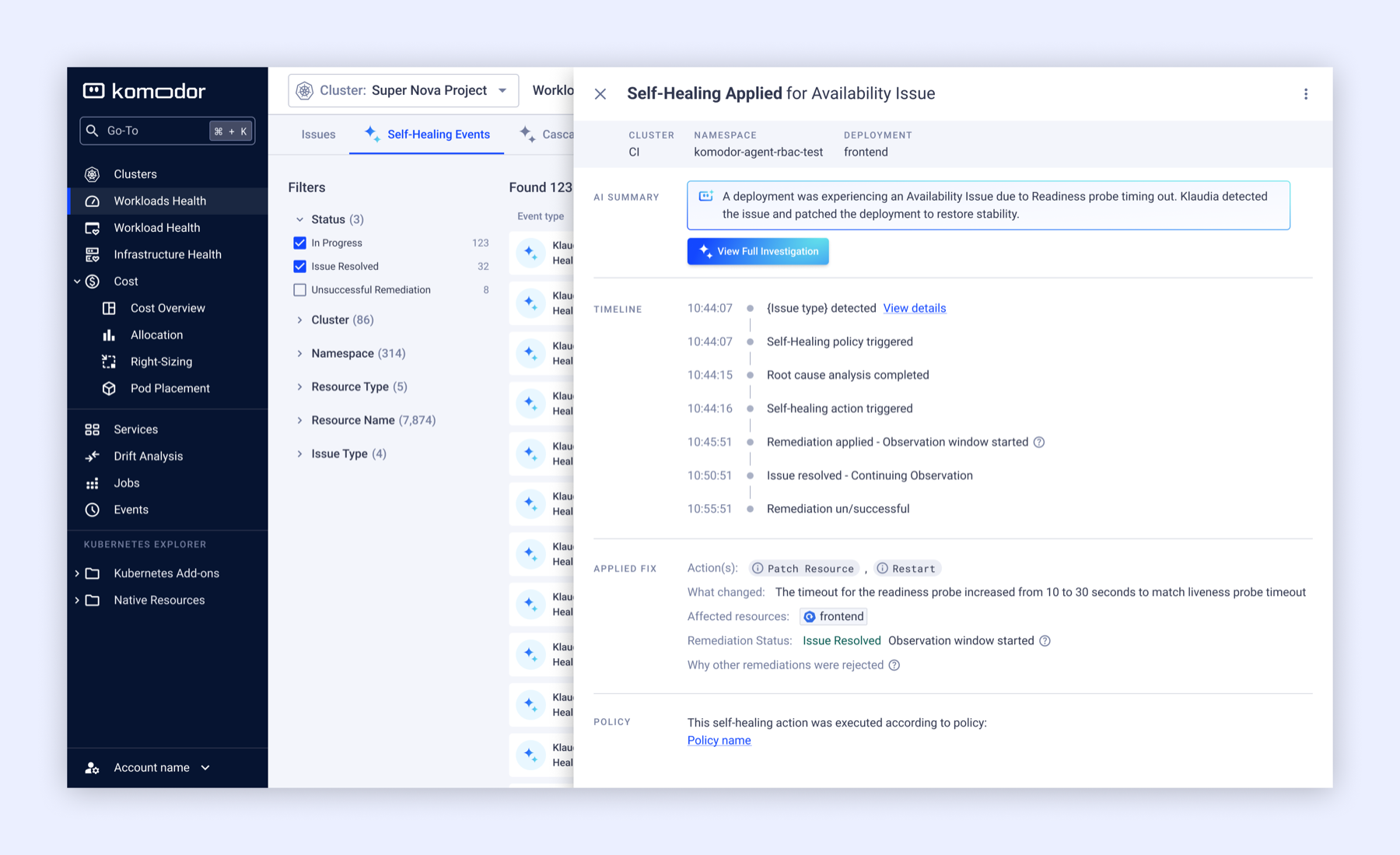 A self-healing event drawer showing a step-by-step audit timeline