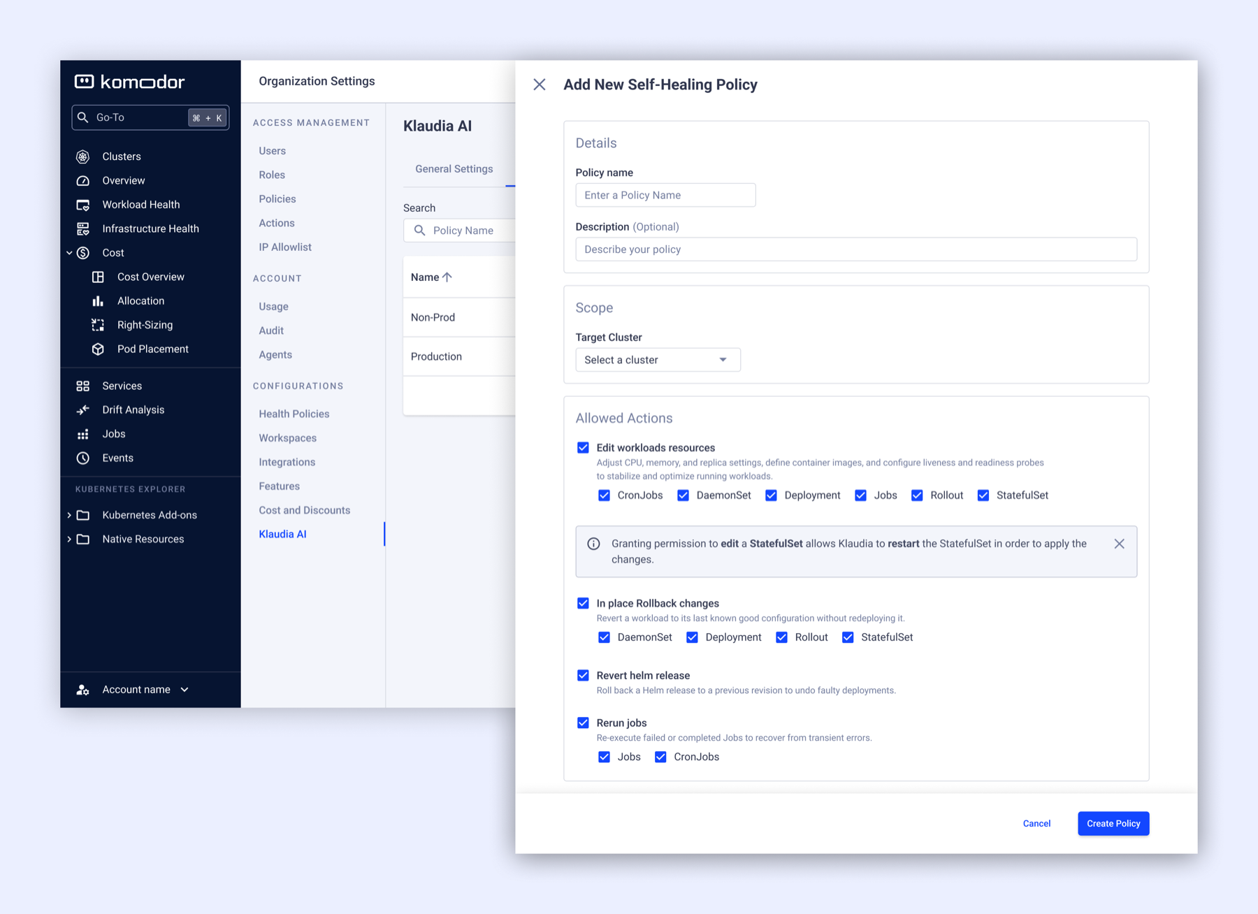The policy builder, showing named actions scoped to specific resource kinds and environments