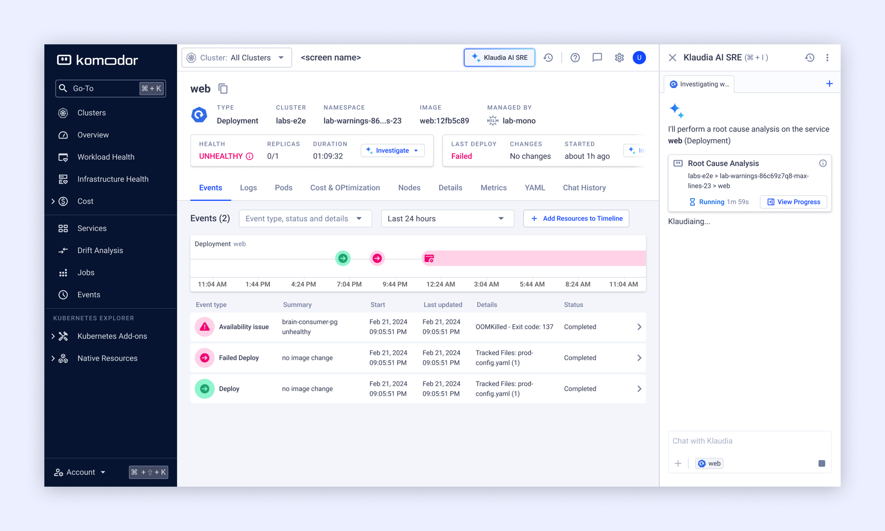 Klaudia, Komodor's AI SRE assistant, shown as a persistent side-by-side panel