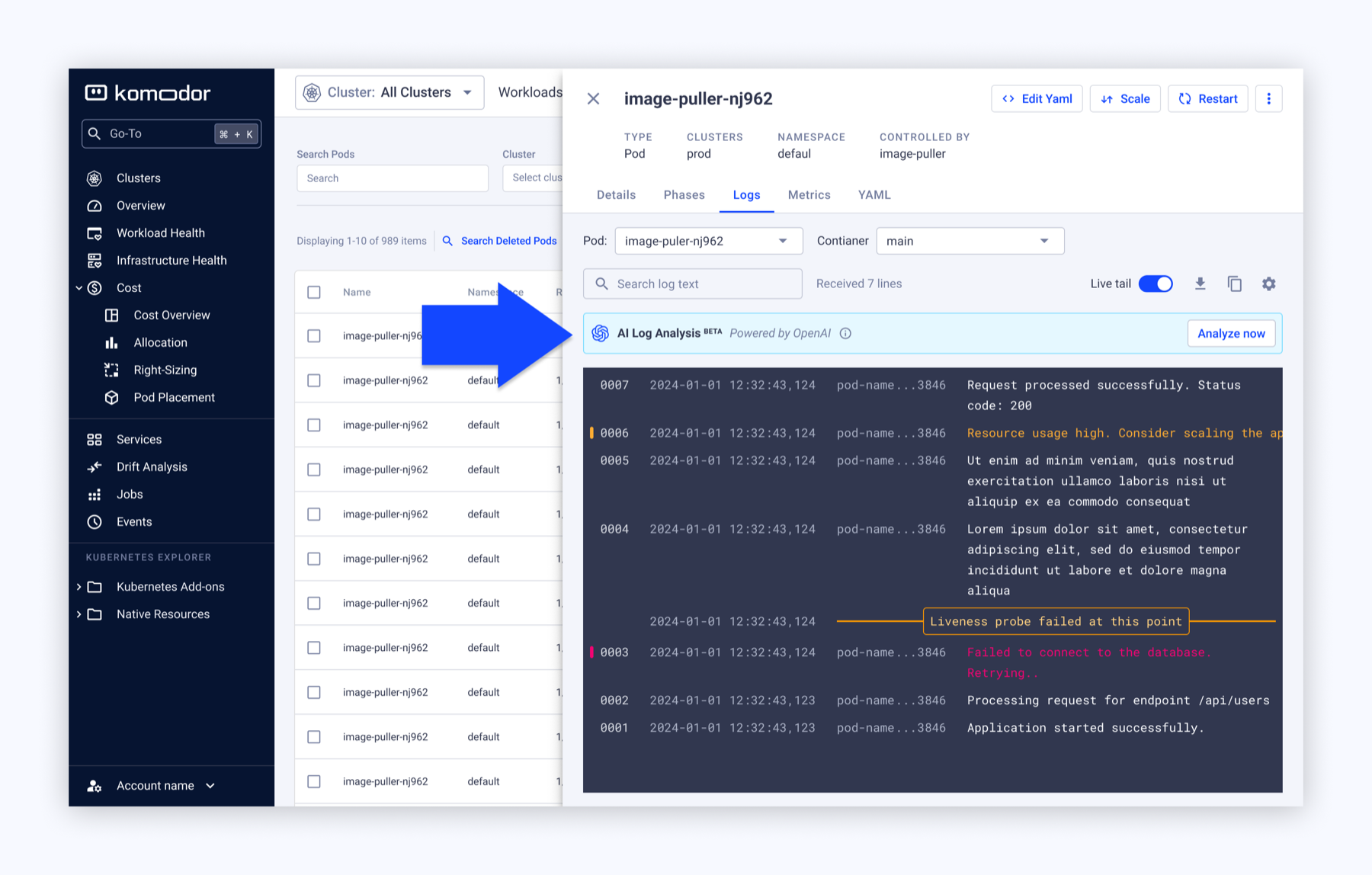 An early, isolated AI log-analysis feature bolted onto a single resource