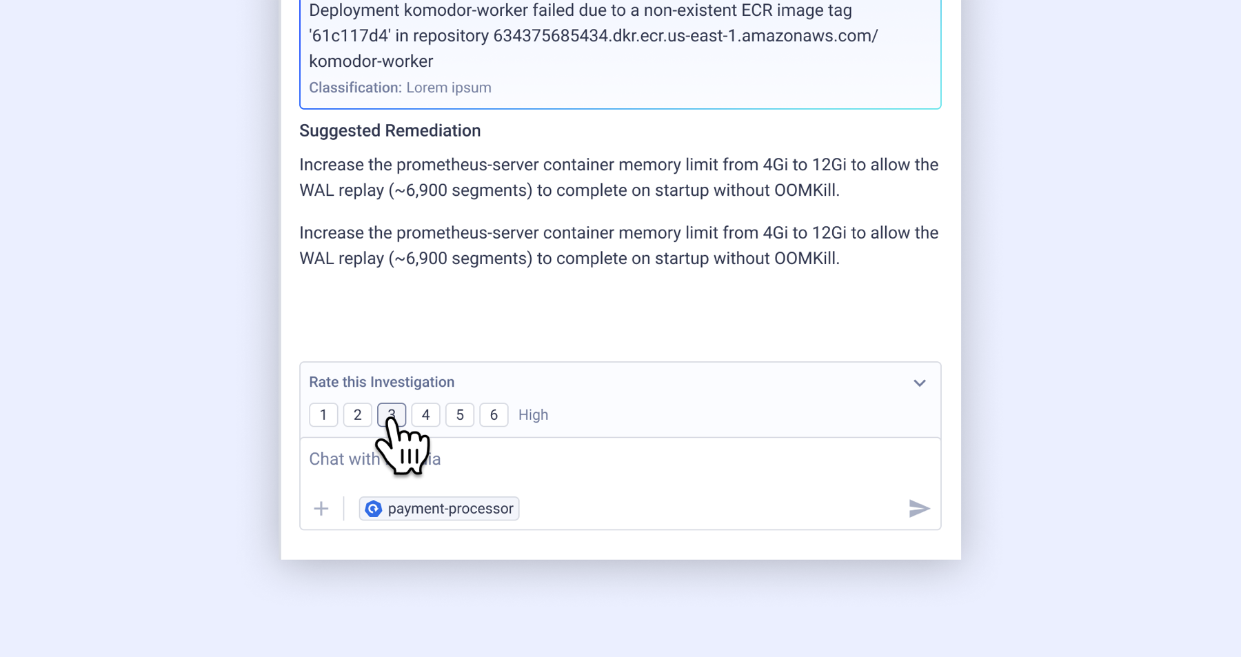 The inline feedback rating widget below a Klaudia investigation