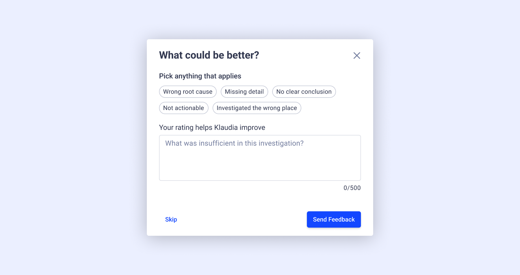 The short follow-up feedback form with selectable reasons and a free-text field