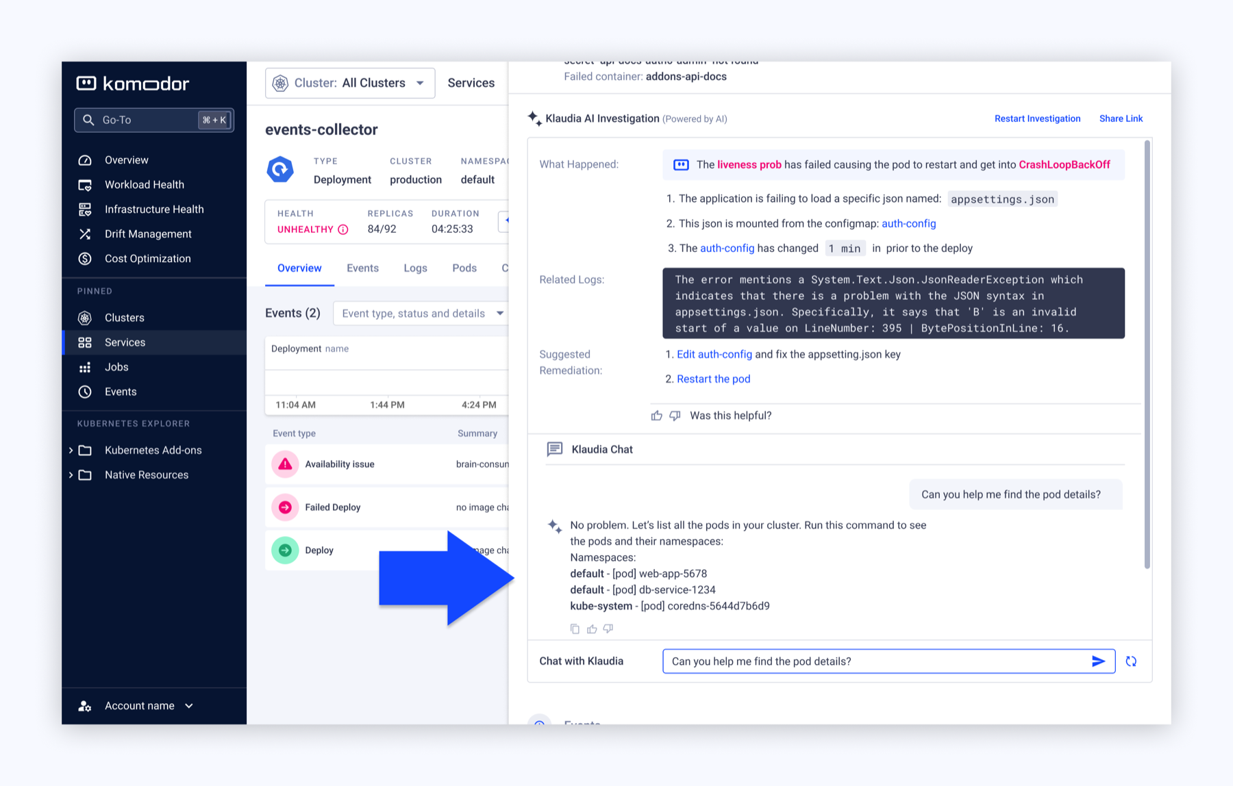 A follow-up chat option inside an event drawer