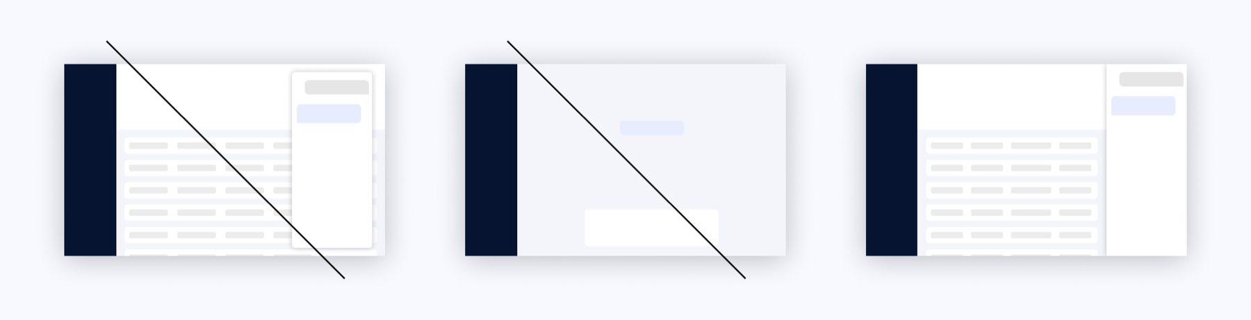 Comparison sketch of floating, full-screen, and side-by-side assistant models