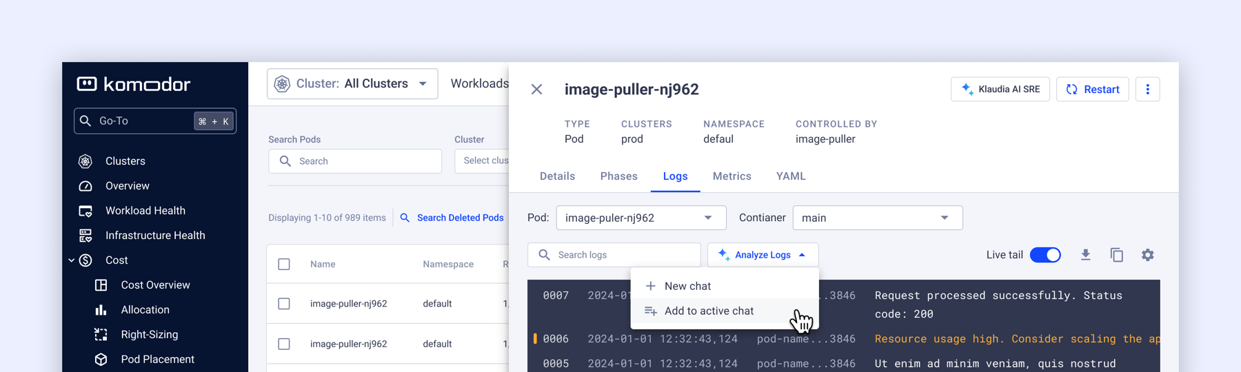 The implemented Klaudia design inside the logs section