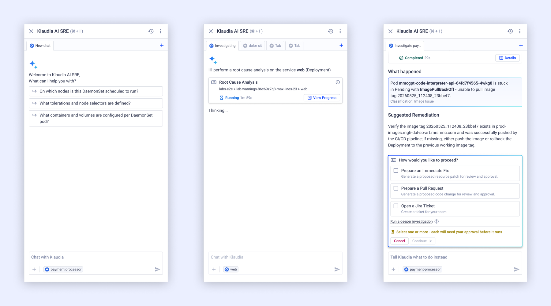Different conversation states: initial suggestions, root cause analysis, and waiting on a user decision