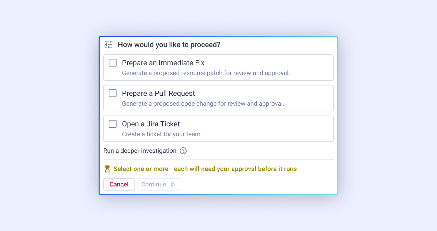 The Plan tool, showing a multi-select remediation proposal gated on user approval