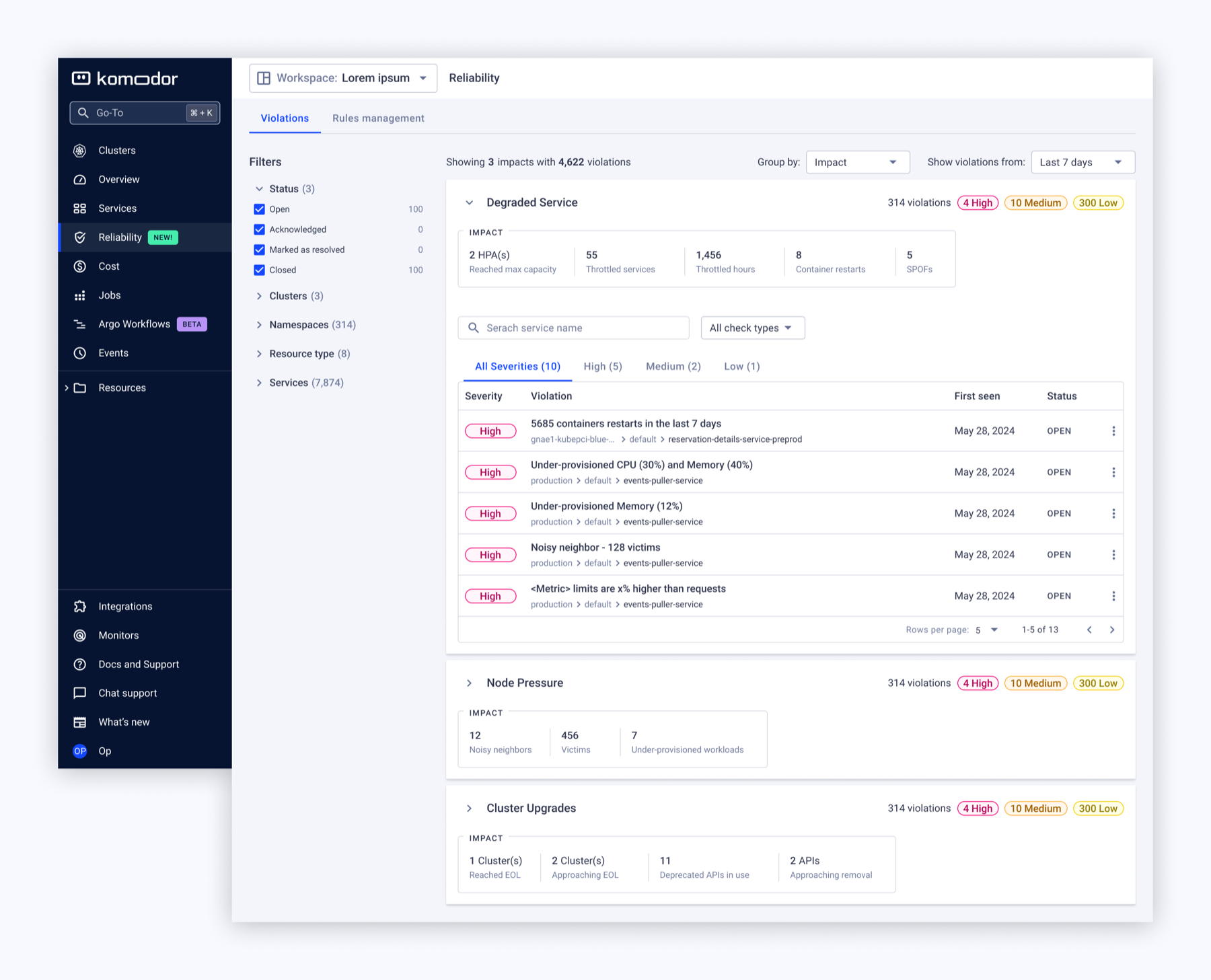 The three impact groups: Degraded Service, Node Pressure, and Cluster Updates