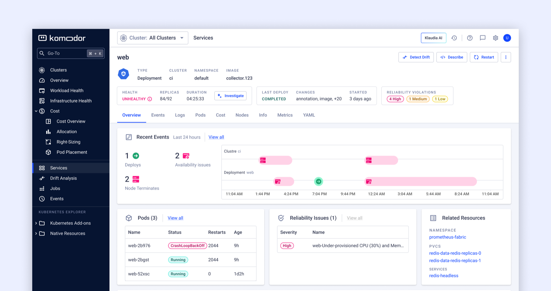 Komodor's Service Overview tab, the new default landing view for the Service View