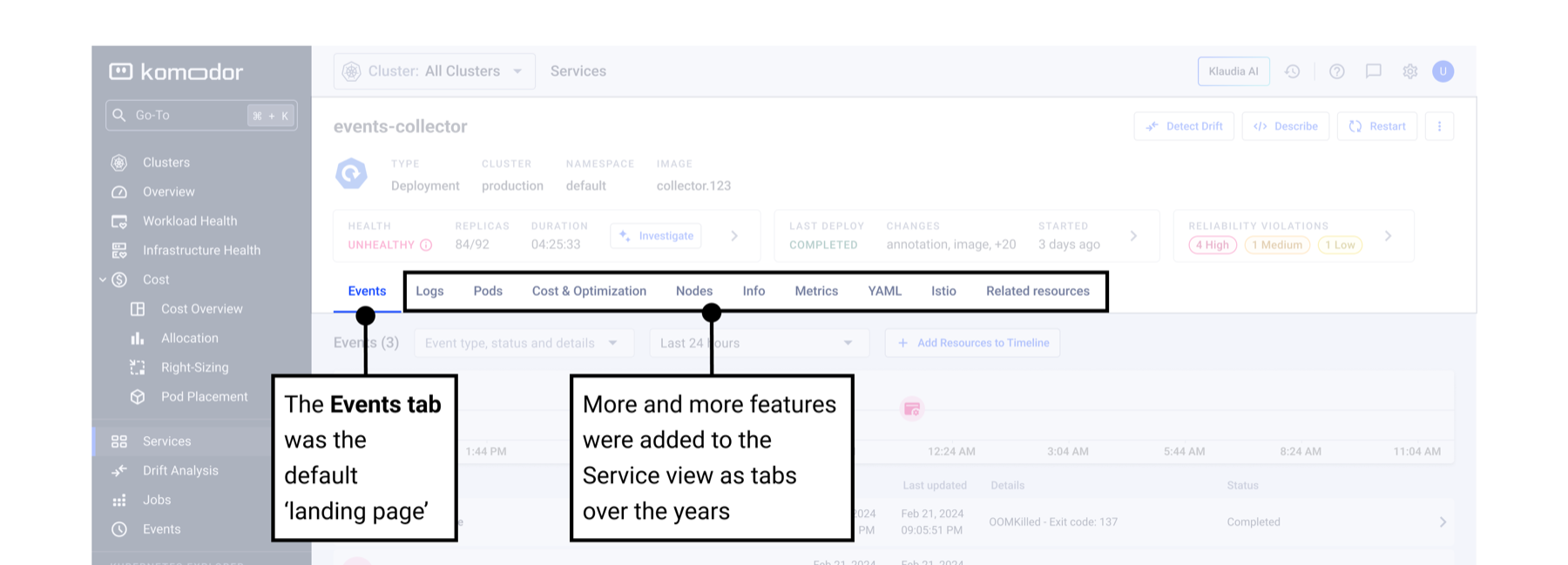 The default landing tab in the old Service View, showing years of accumulated features