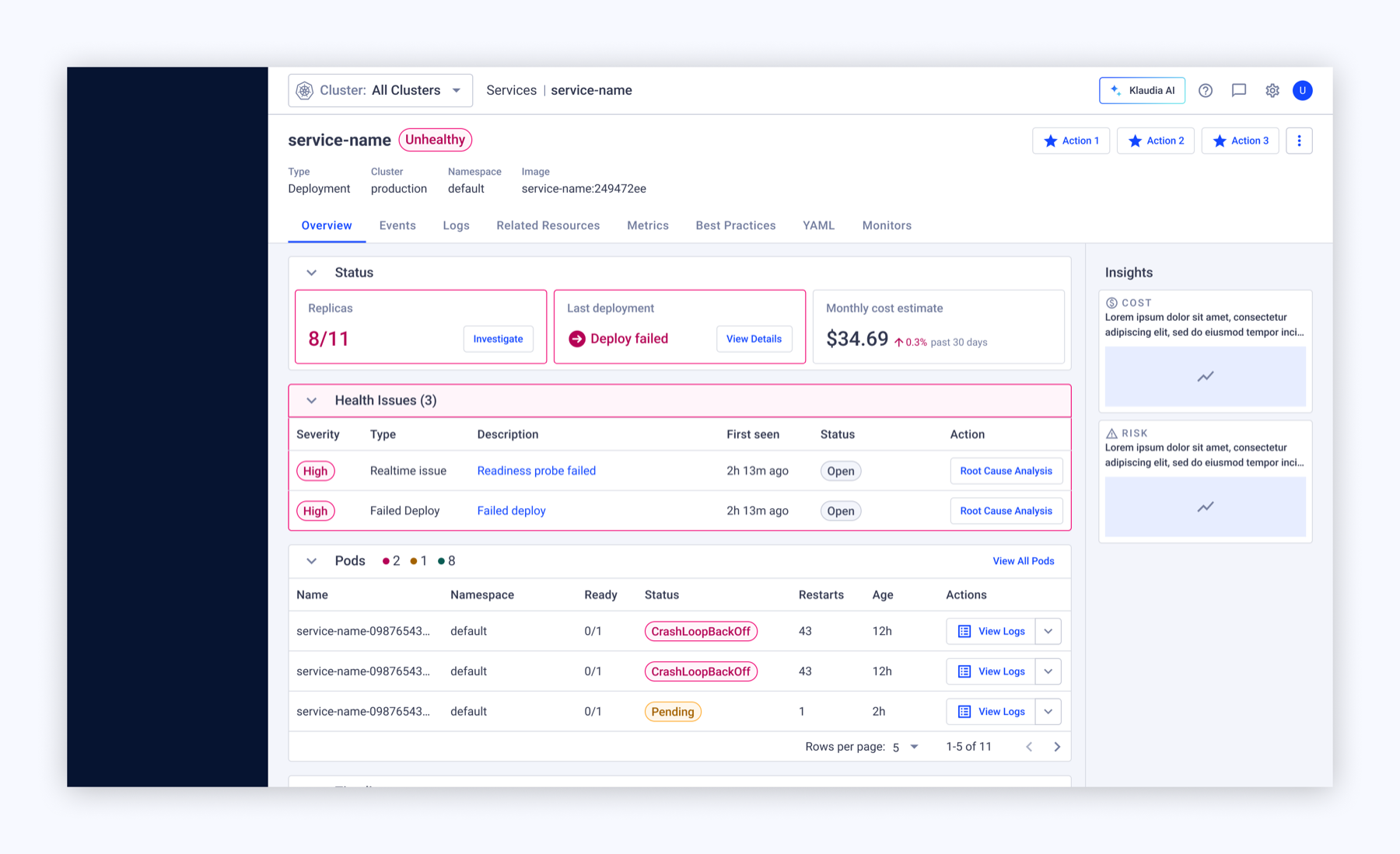 An iteration leaning on health and status indicators with a view-logs CTA for pods
